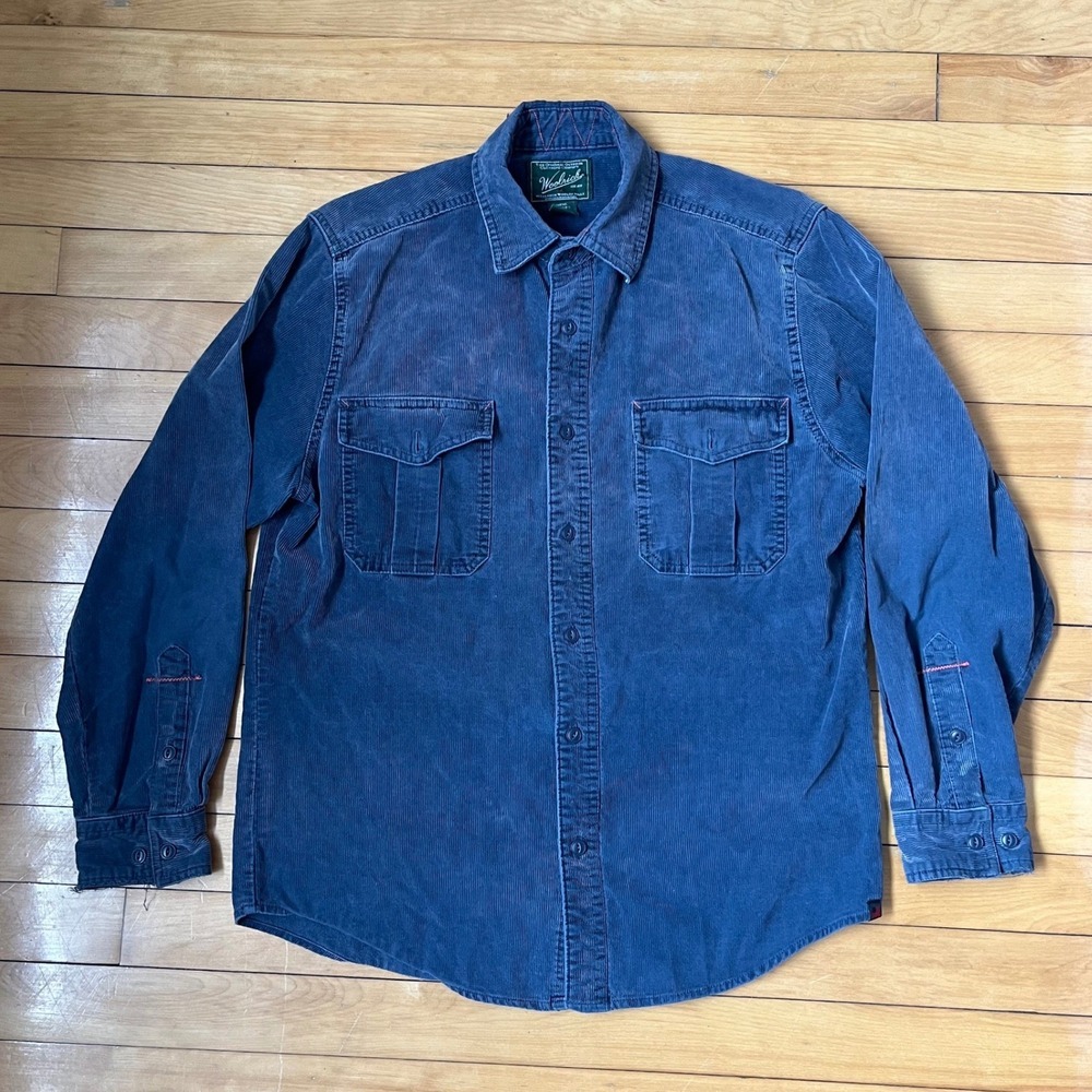 Woolrich Mens Navy Blue Corduroy Button Down Shirt Long Sleeve Utility Size M